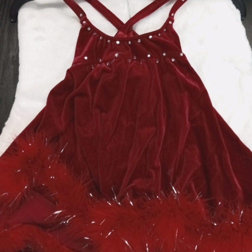 Red Velvet Dancer/ Party Dess trimmed is red feathers with with silver tincel